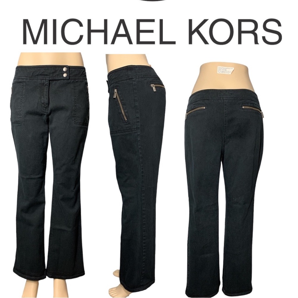 MICHAEL KORS Black Denim Embellished with Gold Hardware Zippers Size 14